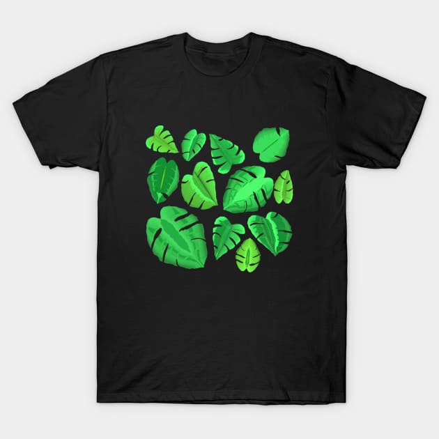 Monstera Plant Leaf Pattern (Black Background) T-Shirt by Art By LM Designs 